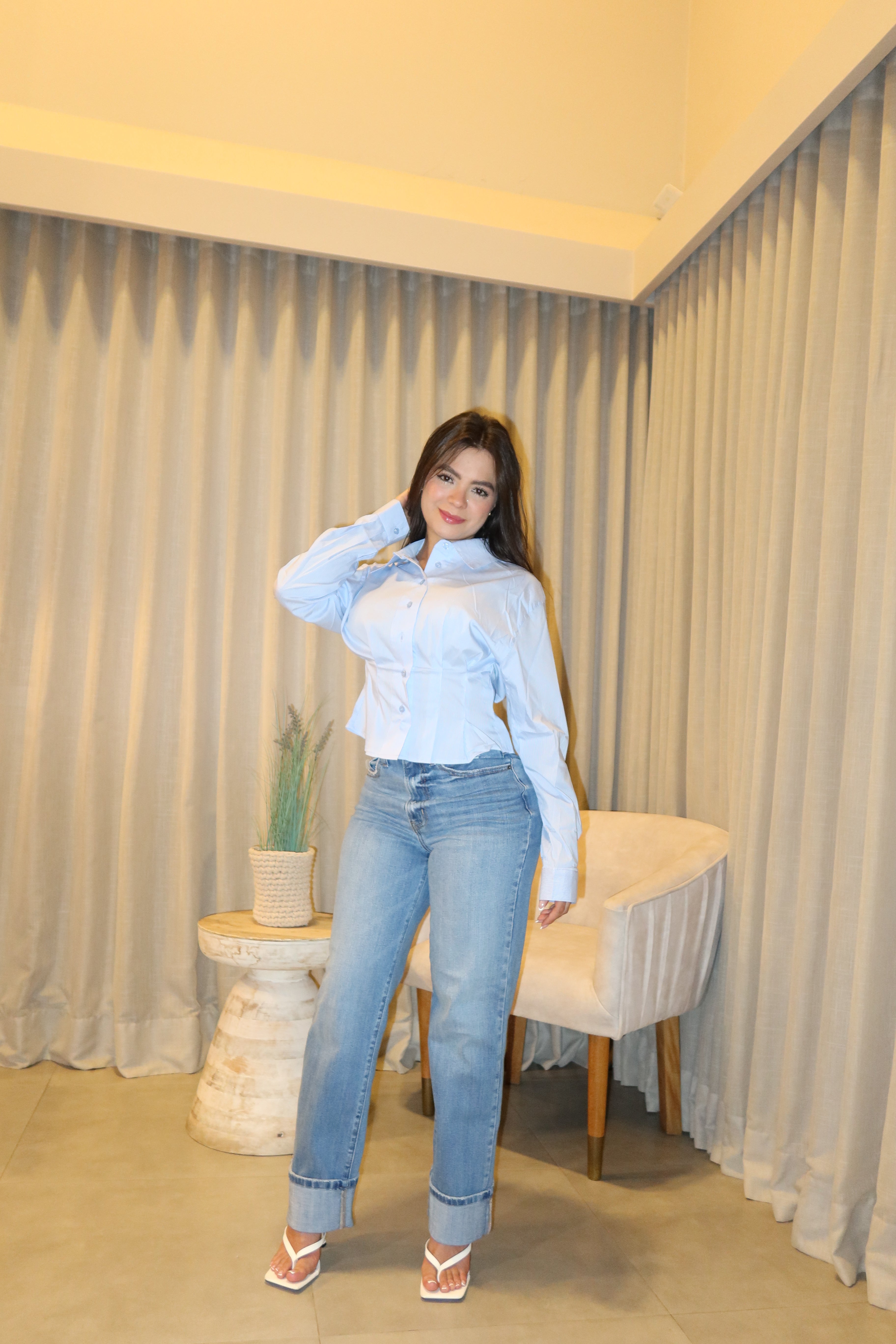 Jean Cello Super Hig Rise + Blusa Manga Larga Blue