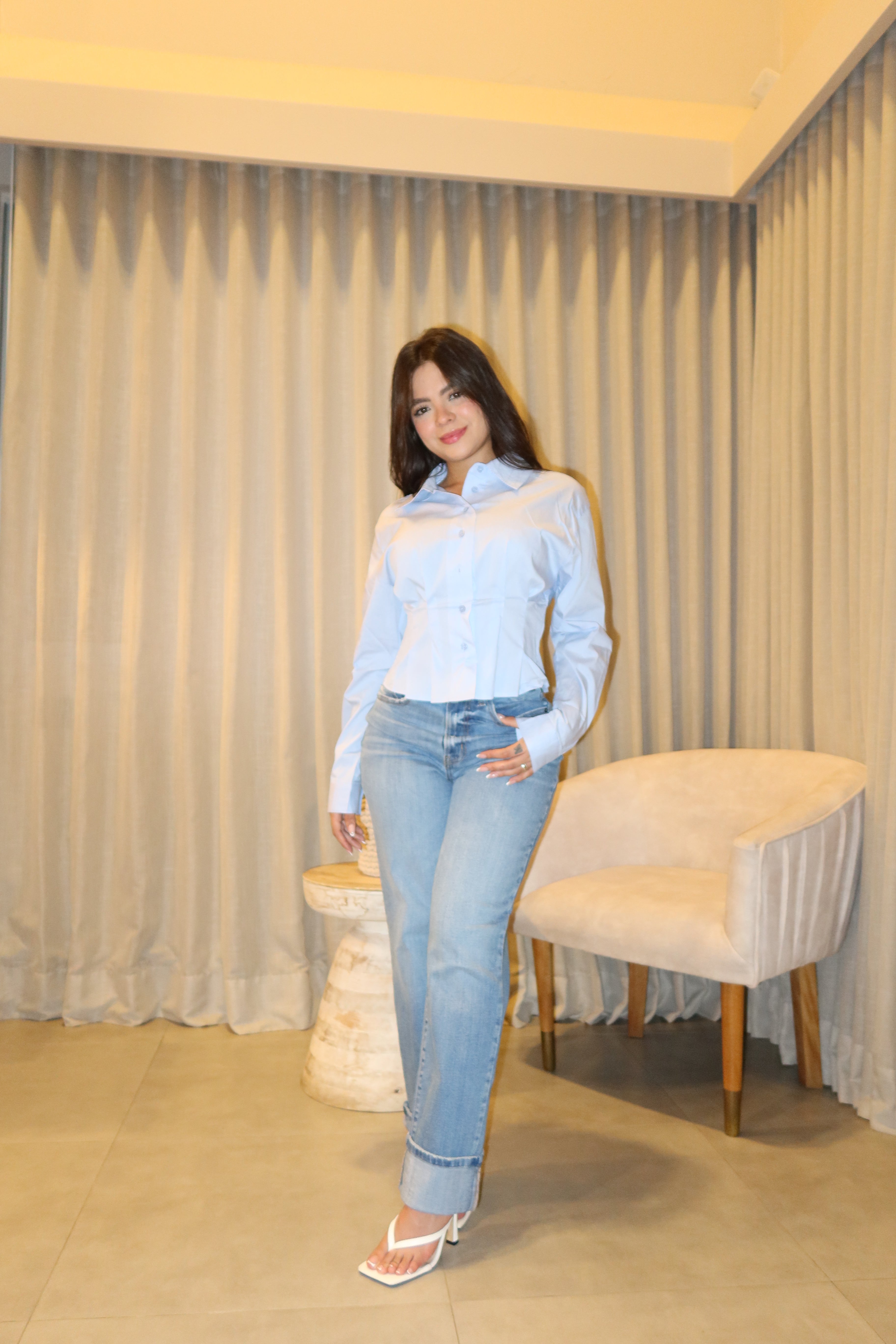 Jean Cello Super Hig Rise + Blusa Manga Larga Blue